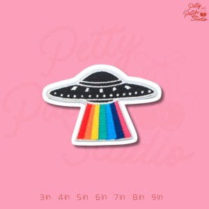 Rainbow UFO Patch, Alien Spaceship Rainbow Beam Embroidery, Iron On Sew On Hook and Loop Badge, Cute Sci-Fi Gift for Jackets and Bags