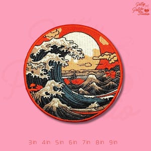 Japanese Great Wave Patch, Mount Fuji & Rising Sun Embroidery, Hokusai Inspired Iron On Badge, Oriental Landscape Art Gift for Jackets