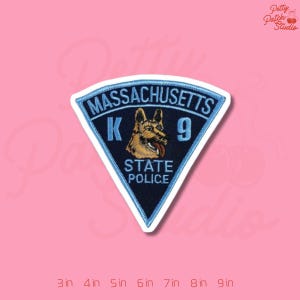 Massachusetts State Police K9 Patch, German Shepherd Police Dog Embroidery, Iron On Sew On Hook and Loop Badge, MA State Trooper Gift