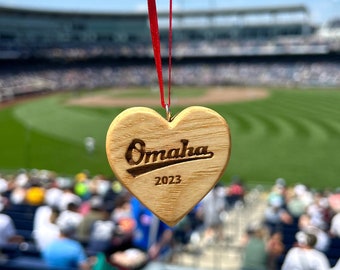 Omaha 2023 Wood Heart Christmas Ornament carved reclaimed from vintage bats - Holiday Christmas Tree Coach Mom Senior Gift Idea