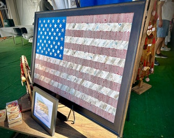 24x36 Baseball American Flag USA Artwork - Reclaimed from Used Baseball Leather Seams; Baseball Coach Dad Mom Man Cave Wall Decor Gift Idea