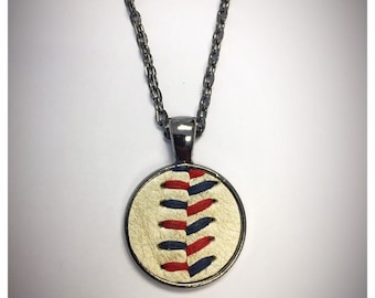 Patriotic Red Blue Baseball Seams Stitches Pendant Necklace - Made from ACTUAL used baseballs - Coach Team Birthday Christmas Gift Idea