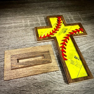 7 Old Rugged Baseball Softball Leather Cross in Wood Stand perfect Coach Mom Dad Holiday Christmas Gift Idea image 4