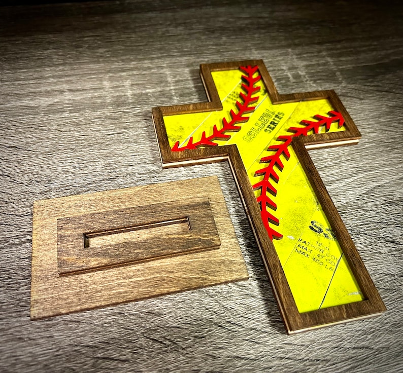 7 Old Rugged Baseball Softball Leather Cross in Wood Stand perfect Coach Mom Dad Holiday Christmas Gift Idea image 4