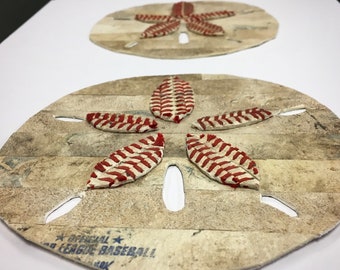 Baseball Leather Sand Dollar Artwork - Made from Used Baseballs! Matted to 12x12; Beach Yacht Lake House Decor Baseball Mom Dad Coach Gift