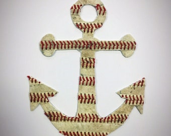 Baseball Leather Anchor Artwork - Made from Used Baseballs! Matted to 12x12; Beach Yacht Lake House Decor Baseball Mom Dad Coach Gift