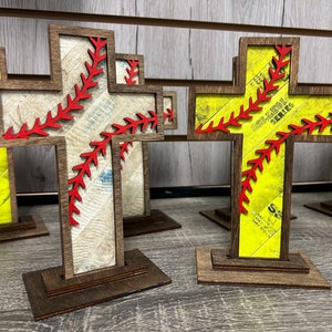 7” Old Rugged Baseball Softball Leather Cross in Wood Stand - perfect Coach Mom Dad Holiday Christmas Gift Idea