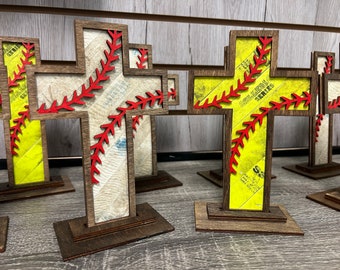 7” Old Rugged Baseball Softball Leather Cross in Wood Stand - perfect Coach Mom Dad Holiday Christmas Gift Idea