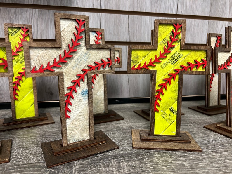 7 Old Rugged Baseball Softball Leather Cross in Wood Stand perfect Coach Mom Dad Holiday Christmas Gift Idea image 1