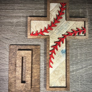 7 Old Rugged Baseball Softball Leather Cross in Wood Stand perfect Coach Mom Dad Holiday Christmas Gift Idea image 5