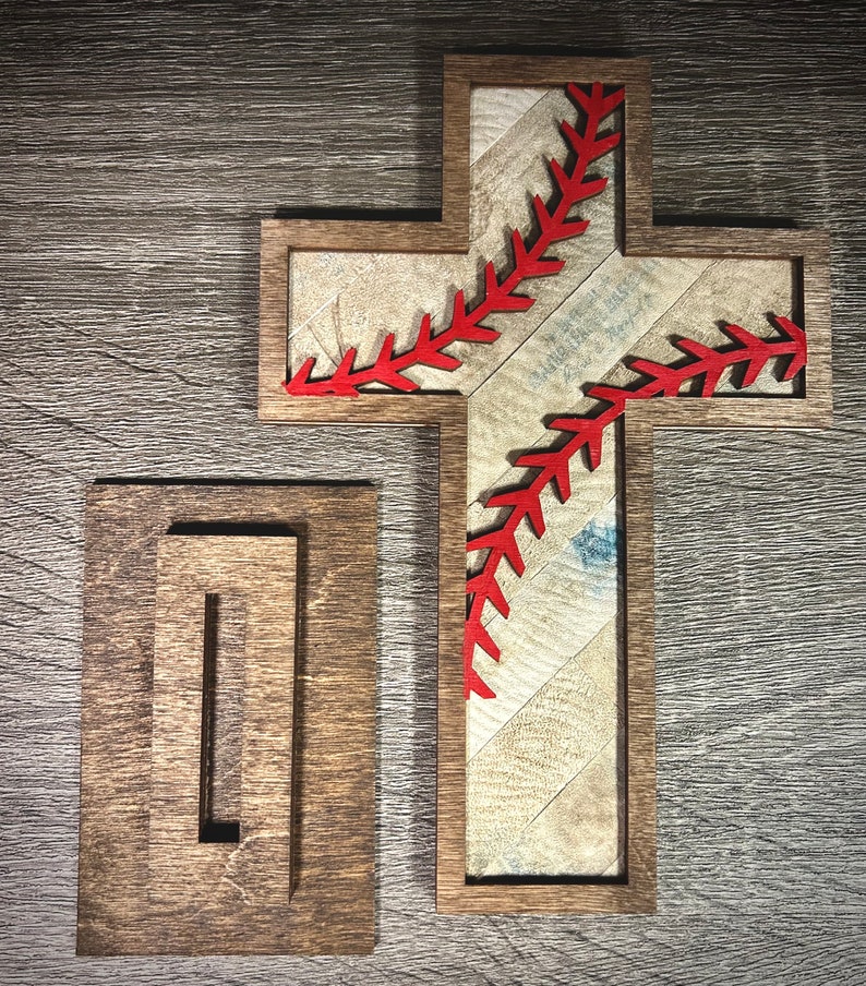 7 Old Rugged Baseball Softball Leather Cross in Wood Stand perfect Coach Mom Dad Holiday Christmas Gift Idea image 5