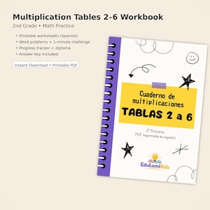 Puede incluir: Un cuaderno de espiral titulado "Multiplication Tables 2-6 Workbook" para la práctica de matemáticas de 2º grado. La portada presenta el texto en español "Cuaderno de multiplicaciones TABLAS 2 a 6" con un rectángulo amarillo y garabatos de estrellas negras.