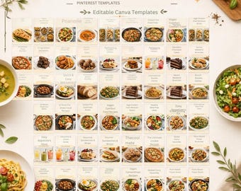 Modelos para Pinterest de Blogueiros de Comida: Mais de 50 Pins de Receitas Editáveis no Canva (Download Digital)