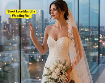 Short Lace Mantilla Wedding Veil, Vintage French Eyelash, Cathedral For Romantic Brides