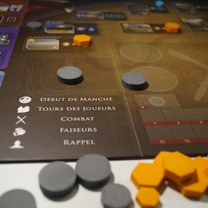 Puede incluir: Un juego de mesa con una superficie de juego marrón, con fichas circulares grises y piezas hexagonales naranjas. El tablero tiene texto en francés, incluyendo "Début de Manche" y "Tours des Joueurs". El juego parece estar listo para jugar.