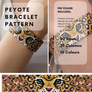 May include: A beaded peyote bracelet pattern with a leopard print design. The pattern includes a preview, bead list, bead chart, and word chart. The pattern is 90 rows, 20 columns, and 10 colors. The text "PEYOTE BRACELET PATTERN" is displayed.