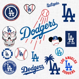 May include: A collection of Los Angeles Dodgers baseball graphics featuring the blue LA logo, the word Dodgers in script, a sugar skull, a baseball, a palm tree, and mouse ears. The designs use red, white, and blue colors on a white background.