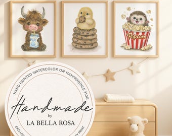 Paquete de 3 obras de arte seleccionadas: Galleta, Maíz y Vaca | Ilustraciones de animales pintadas a mano | Impresión giclée sobre papel Hahnemühle de 310 g/m² | Regalo para baby shower