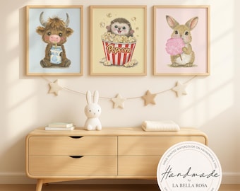 Trío Picnic Pastel - Conjunto de 3 piezas de bellas artes, ilustraciones pintadas a mano, impresión giclée, papel Hahnemühle de 310 g/m², arte de pared para la habitación infantil.
