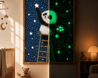Bao Wow – The Star Catcher | Glow in the Dark Panda Art Print | Nursery Wall Art | Kids Room Decor | Night Poster | Bedtime Illustration