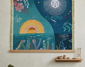 Coperta vintage tessuta con luna, sole e oceano – Arazzo in stile villaggio – Decorazione murale celeste stravagante - Plaid mistico ispirato alla natura – Arredamento boho per la casa