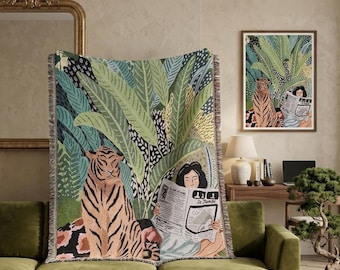 Tiger Newspaper Girl Woven Tapestry – Bohemia Jungle Wall Art – Large Cotton Throw Blanket – Zen Room Decor – Gift for Art Lovers  Travelers