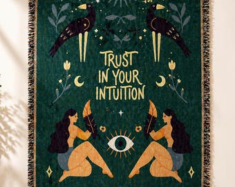Boho-Wandteppich „Vertraue deiner Intuition“ | Mystischer Wandbehang | Spirituelle Wohndekoration | Ästhetische Decke | Wanddeko im Bohème-Stil