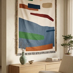 Abstrakter Landschafts-Wandteppich | Minimalistische geometrische Tagesdecke | Wandbehang im Mid-Century-Modern-Stil | Ästhetische Kunstdecke im Boho-Stil