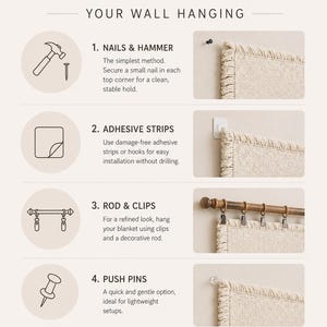 K&ouml;nnte beinhalten: Eine Anleitung mit dem Titel &bdquo;HOW TO HANG YOUR WALL HANGING&ldquo; zeigt vier Methoden: N&auml;gel und Hammer, Klebestreifen, Stange und Clips sowie Rei&szlig;zwecken. Jede Methode wird mit einer Zeichnung und einem Foto der Technik veranschaulicht.