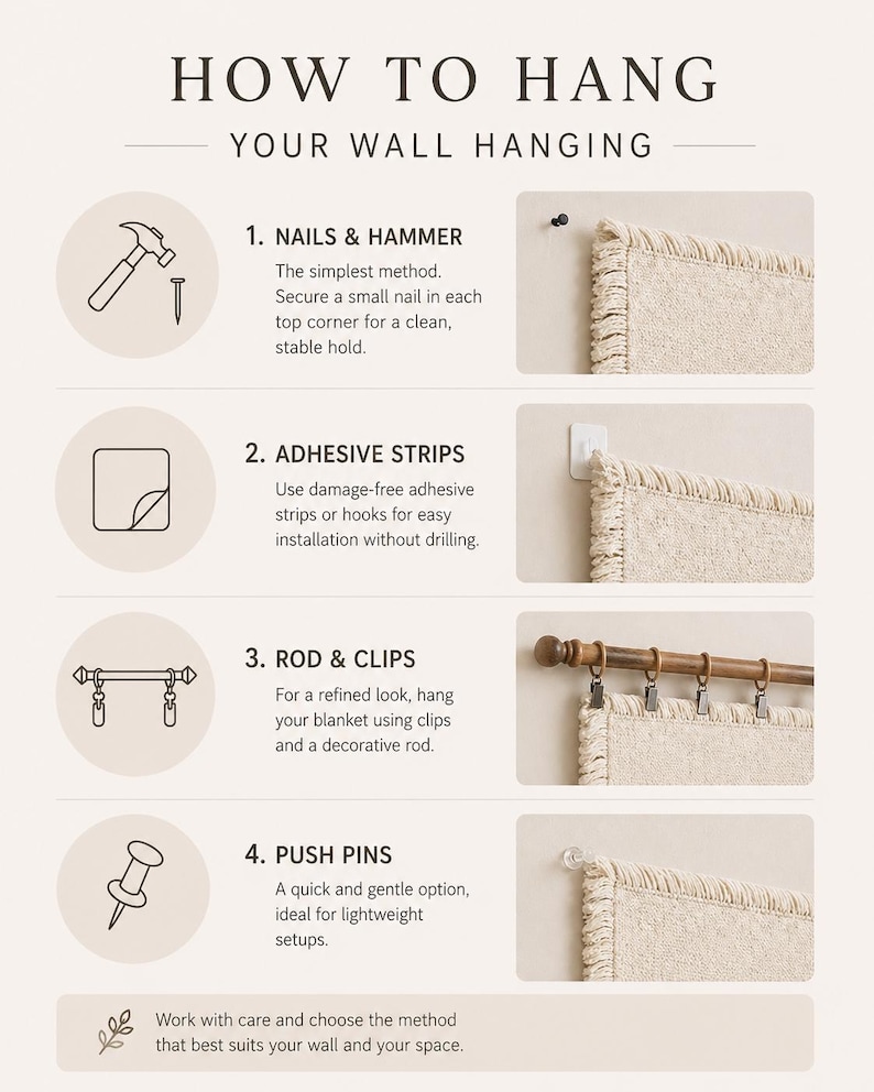 以下が含まれることがあります： HOW TO HANG YOUR WALL HANGINGというタイトルのインフォグラフィック。1. 釘とハンマー、2. 粘着ストリップ、3. ロッドとクリップ、4. 画鋲の4つの方法を説明しています。各セクションには線画アイコンと取り付け方法を示す写真が含まれています。