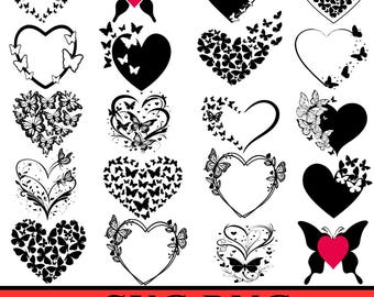Vlinder hart SVG-bundel, vlinder hart clipart png, bloemen hart gesneden SVG-bestanden, romantische hart SVG-bundel