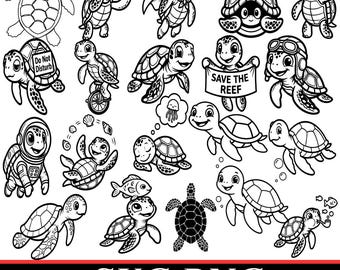 Zeeschildpad SVG-bundel | Leuke schildpad png-bundel | Baby zeeschildpad clipart | Oceaanschildpad SVG-bestanden voor Cricut, Silhouette