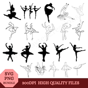May include: A selection of black and white ballerina silhouettes in different poses. The image features detailed line drawings and solid silhouettes, with the text "SVG PNG BUNDLE" and "300DPI HIGH QUALITY FILES".