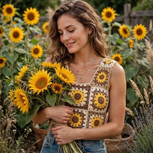 May include: A sleeveless crochet top featuring a repeating granny square pattern with sunflower motifs in shades of yellow, brown, and cream. The garment has a square neckline and is constructed from yarn squares, each displaying a central dark brown circle surrounded by yellow petals and a cream-coloured border.