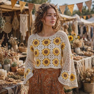 May include: A cream-colored crochet long-sleeve top featuring a repeating sunflower pattern with yellow petals and brown centers, designed with wide bell sleeves and a cropped hemline, paired with a rust-colored skirt with a floral print.