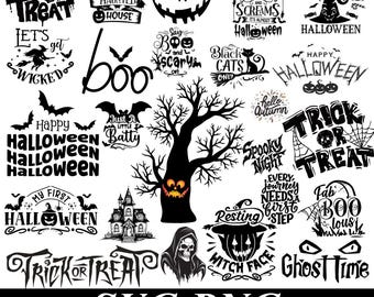 Halloween SVG-bundel, Spooky Halloween Quotes SVG PNG, Trick or Treat gesneden bestanden, Witch Pumpkin Ghost Bat ontwerpen