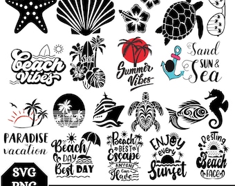 Strand SVG bundel, zomer svg bundel, tropische vakantie svg png, Beach Vibes gesneden bestanden voor Cricut, Ocean Sea Turtle Shell Palm Tree SVG bundel