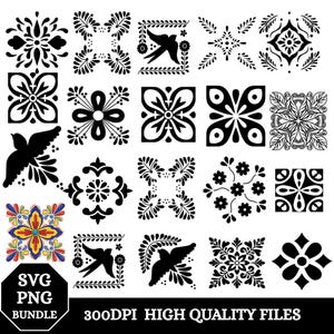 May include: A collection of black and white floral and geometric designs, including bird and leaf motifs. The image also includes a colorful tile design and the text "SVG PNG BUNDLE" and "300DPI HIGH QUALITY FILES".