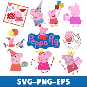 Può includere: Una collezione di illustrazioni di maiali rosa dei cartoni animati in varie pose, alcuni con regali, palloncini e cappelli da festa. L'immagine include il testo "SVG-PNG-EPS" in un banner blu in basso.