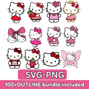 May include: A selection of cartoon illustrations of a white cat with a red bow, in different poses and outfits. Some cats hold cherries, a heart, or a cake. The image includes the text "SVG-PNG" and "100+ OUTLINE bundle included".