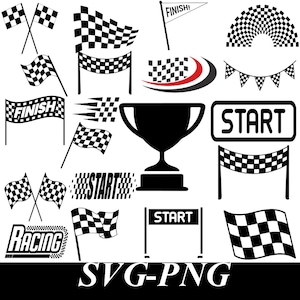 May include: A collection of black and white racing-themed graphics including checkered flags, a trophy, banners with the text START and FINISH, bunting, and a racing sign. The set features various flag orientations, finish lines, and racing icons.