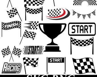 Racing vlaggen SVG PNG-bundel | Clipart geblokte vlag | Racedag-SVG | Finishlijnvlag | Borden Begin Einde | Racetrofee