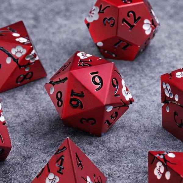 Rode kersenbloesem metalen dobbelstenen set, bloem polyedrische rollenspel dobbelstenen, massieve metalen dobbelstenen, D&D dobbelstenen set voor goochelspel