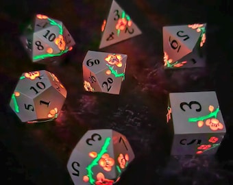 Glow in the Dark Metal Blossom DND Dice Set, Floral Metal Dice for Dungeons and Dragons, Luminous RPG Dice, Heavy Metal Tabletop Dice