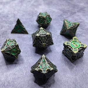 Gothic Hollow Metal DND Dice Set, Green Gem Inlay RPG Dice, Antique Bronze Dice, Dungeons and Dragons Dice, Dark Fantasy Tabletop Dice