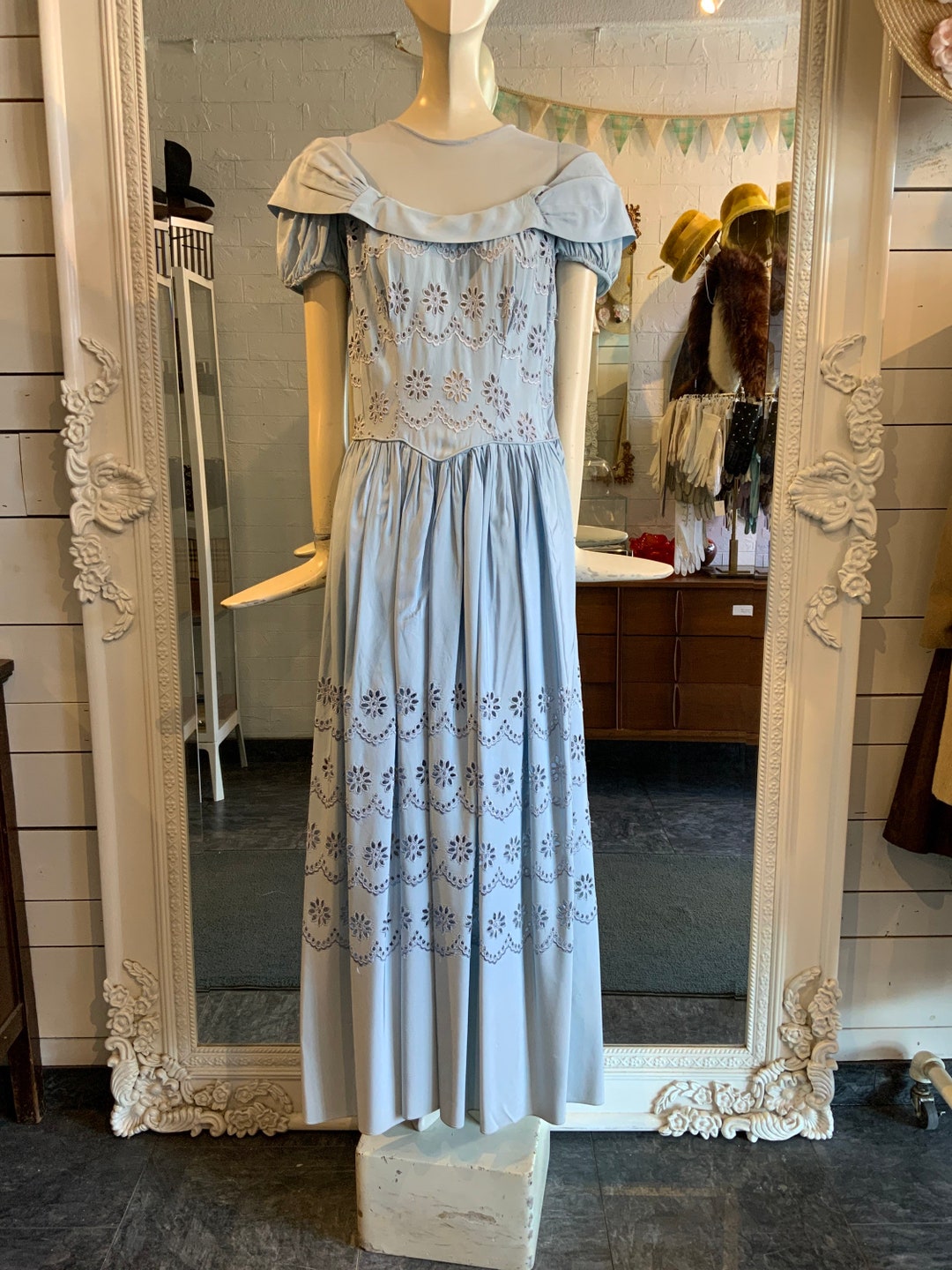 1940s Silk & Ice Blue Satin Inset Tie Gown