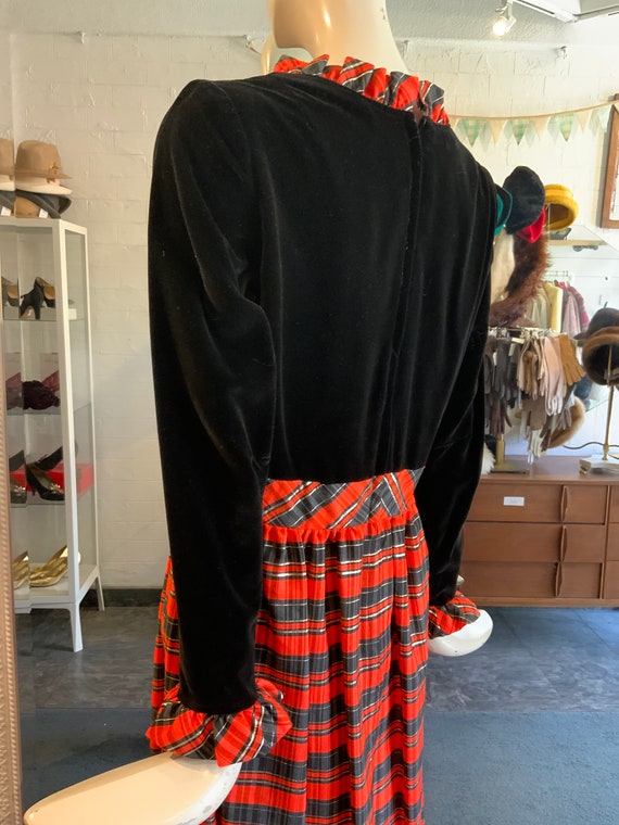 1970s velvet, tartan maxi dress, black and orange… - image 9