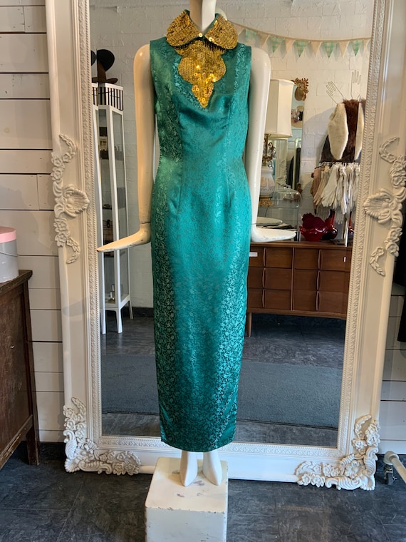 1960s SILK emerald & gold cheongsam Sz XS-S - image 1