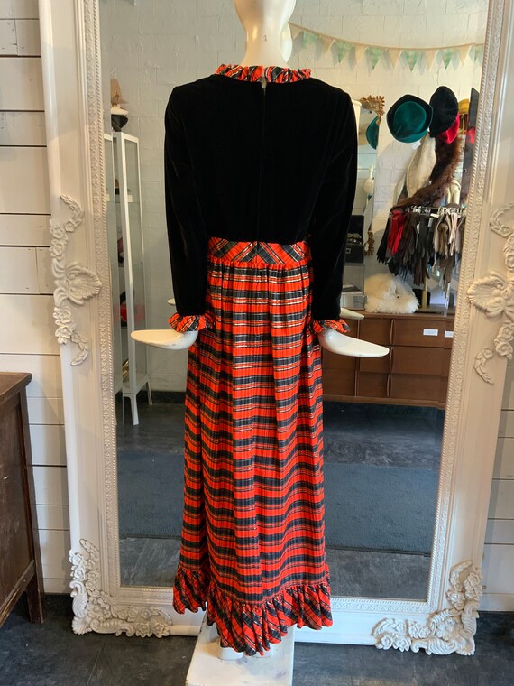 1970s velvet, tartan maxi dress, black and orange… - image 6