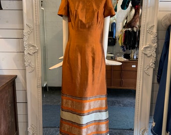 60s/70s bronze SILK maxi dress | Size Small-Medium